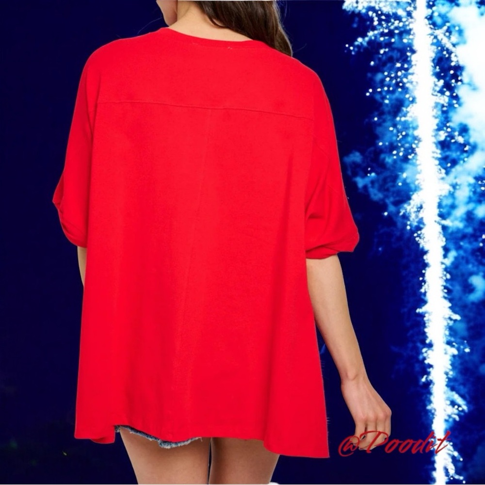 FANTASTIC FAWN Red USA Stars & Stripes Women's oversized Top S M L - Picture 4 of 8